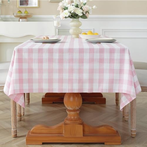 Laolitou Pink Gingham Table Cloth Rectangle Tables Buffalo Plaid Checkered Tablecloth Cotton Linen Farmhouse Tablecloths Washable Wrinkle Free for Baby Shower Picnic Kitchen, 60"x120" 10-12 Seats by Laolitou