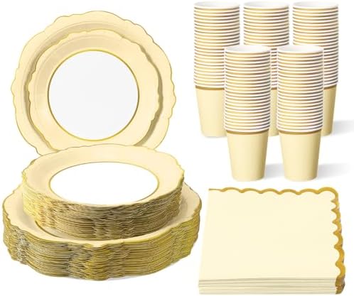 Tioncy 200 Pcs Party Paper Plates Cups Napkin Set Serve 50, Yellow by Tioncy