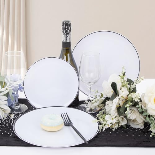 ejonirinjonir 180pcs Elegant White Plastic Plates for Wedding, Black Trim - Image 6