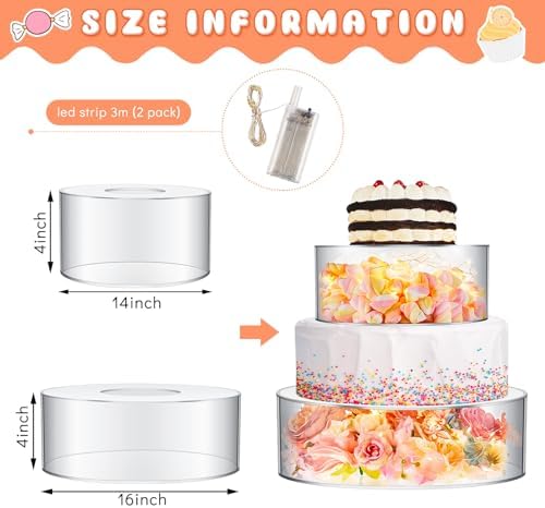 Sunnyray 2 Pcs Acrylic Cake Stands for Dessert Table Clear Fillable Cake Riser Cupcake Tier with LED Strings for Birthday Wedding Holiday Party Display(14'', 16'') - Image 2