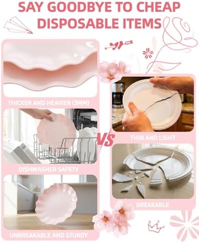 LIYH 24 Pcs Pink Plastic Plates Reusable, Pink Scalloped Plates Durable and Dishwasher Safe, Light Weight Daisy Wavy Plate Parties, Birthday, Picnics, BPA Free(12Guests) - Image 6