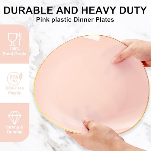 YOUBET 175PCS Pink Plastic Plates with Gold Rim for Wedding Party - Image 6