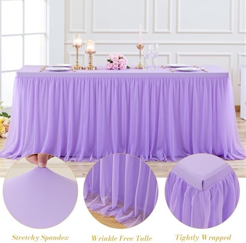2 Pack Lavender Table Cloth for 6 Foot Rectangle Tables, Stretch Fitted Tulle Table Covers Skirt, Rectangular Ruffle Tutu Tablecloth Wedding Banquet Baby Shower Cake Tablecloths Decorations - Image 4