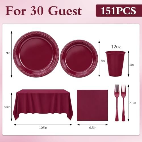 Burgundy Plastic Plates for Party,30 Guests Disposable Maroon Party Supplies,9" Dinner,7" Dessert Plate,Napkins,Cups,Forks and Tablecloth Dinnerware for Birthday Wedding Elegant Parties - Image 3