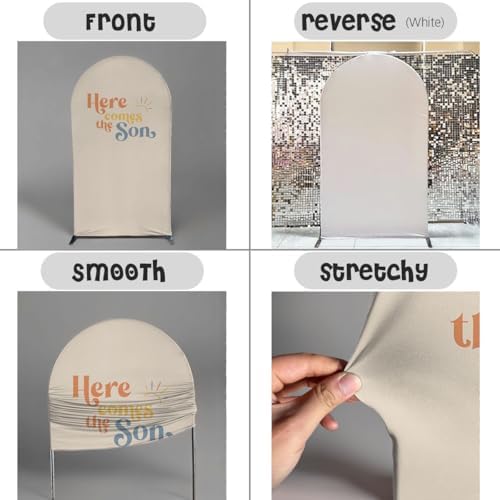 2Pcs Here Comes the Son Baby Shower Party Arch Backdrop Cover,Sunrise Curved Spandex Background,Solid Beige Design (7.2ft & 6.5ft) - Image 4