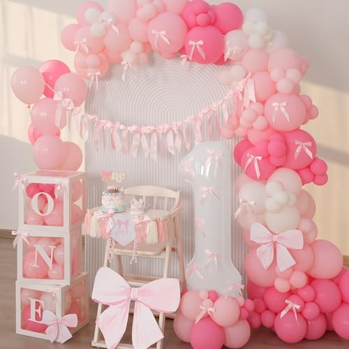 Pink Bow Birthday Decorations Girls Just Wanna Be One First Birthday Pink White Balloon Arch Backdrop High Chair Banner Balloon Boxes Crown Hat For Baby Girls - Image 6