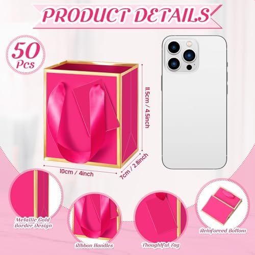 Yeaqee 50 Pcs Mini Paper Gift Bags with Handles Tag, Hot Pink, Gold - Image 2
