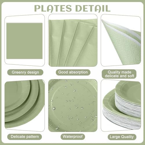 Funnymoom 452 Pcs Sage Green Party Supplies for 50, Sage Green Paper Plates Cups Napkins Tablecloth Cutlery Straws Tableware for Wedding Bridal Shower Birthday Baby Shower Party - Image 2