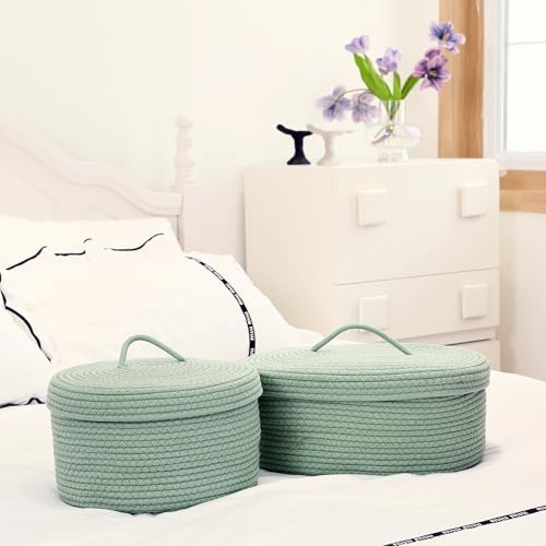 Sea Team Oval Storage Basket, Woven Cotton Rope Basket with Lid, Green - Image 3