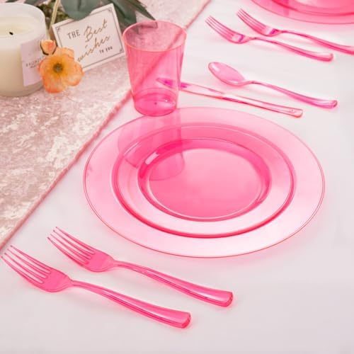 WDF 25 Guest Pink Plates with Pink Plastic Silverware&Pink Cups-Neon Clear Disposable Dinnerware include 50 Plates,25Forks, 25 Knives, 25 Spoons,25 Plastic Cups for Party and Baby Shower - Image 3
