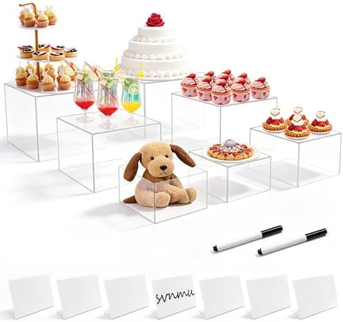 7pcs Acrylic Buffet Display Risers with Mini Sign and Marker Nestable Cube Food Stands Set for Dessert Table Catering Wedding Party Jewelry Collectibles Figures(Size 10" 9" 8" 7" 6" 5" 5",Transparent) by SVNMU