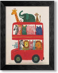 Black Framed Cute Colorful Animal Canvas Wall Art Modern Funny Kids Posters Safari Animals On Red Bus Scene Prints For Toddler Bedroom Nursery Wall Decor 12x16 inch by Medpol