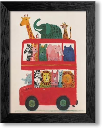 Black Framed Cute Colorful Animal Canvas Wall Art Modern Funny Kids Posters Safari Animals On Red Bus Scene Prints For Toddler Bedroom Nursery Wall Decor 12x16 inch by Medpol