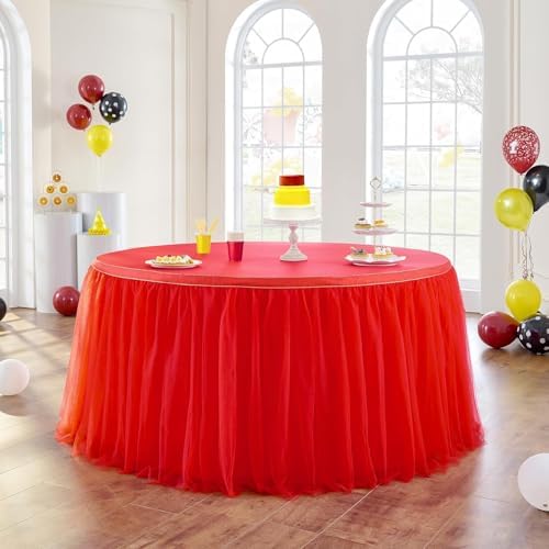 NSSONBEN 167inch Red Tulle Table Skirt for Rectangle Tables 6/8ft, 2-Layer Ruffle Tulle Tutu Red Cloth Table Desk Skirts 14ft for Chrismas Birthday Party Baby Shower Cake Dessert Tables(No Top Cover) - Image 2