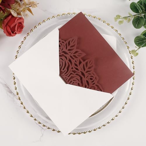 50pcs Tri Fold Wedding invitations Rose Hollow Laser Cut 5x7 '' Burgundy - Image 5