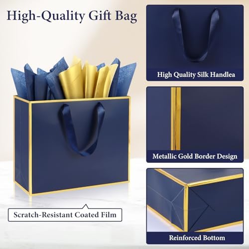 Addblu 24 Pack Navy Blue Large Gift Bags with Handles & 72 Tissue Papers - Image 3
