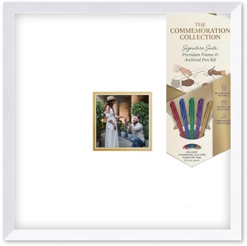 Solid Wood Signature Frame With Square Opening - White Wood - Metallic Gold Accent Mat - Guest Book Alternative With Gel Pens Made in the USA by CustomPictureFrames
