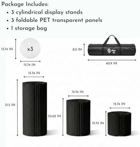 Cylinder Stands for Party, Shape&Use 3PCS Round Black Pedestal Display Stands, Foldable Cardboard Columns for Wedding, Birthday, Anniversary Decor, 15.7in Dia. (15.7/23.6/31.5in H) with Storage Bag - Image 2