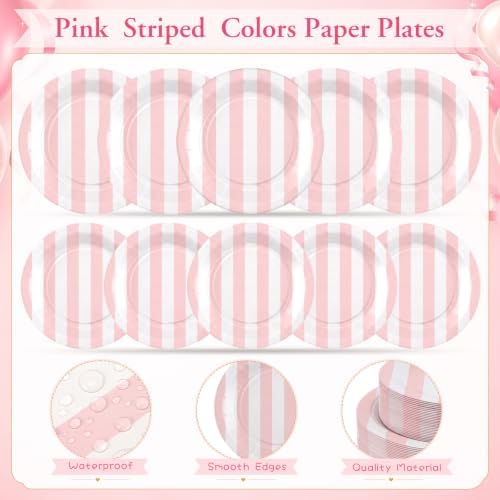Mimorou 175 Pcs Pink White Striped Party Tableware for 25 - Image 4