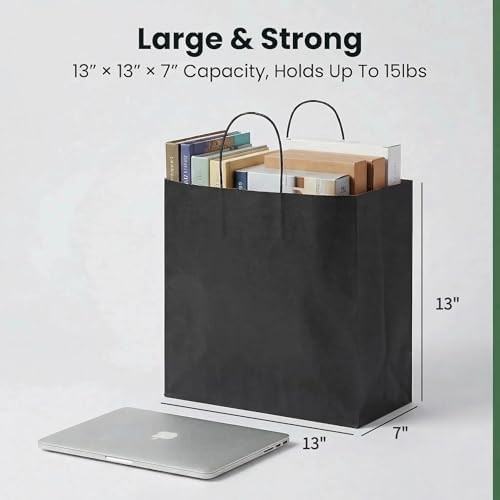 Large Black Kraft Paper Gift Bags with Handles, 13x7x13 Inch, 100Pack - Image 3