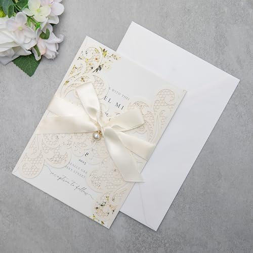 20Pcs Personalized Wedding Invitation, Customized Ivory Laser Cut Invitation Cards With Envelopes Rhinestone Pearls and Ribbons For Wedding XV Anos Quinceanera Invitation - Image 6