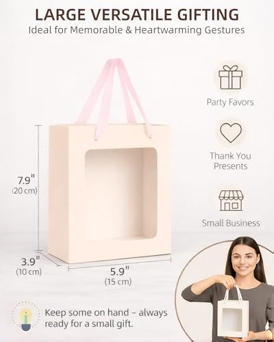 VAGREEZ Gift Bags with Clear Window, Reusable Small Medium Kraft Transparent Window Paper Bags with Handles in Assorted Colors and Bulk Pack for Party, Wedding, Birthday and Small Business, Blush Cream / Small / 30 Pack - Image 3