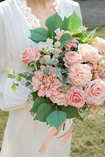 YYHUAWU Artificial Flowers Combo Box Set Gradient Color Flower Leaf with Stems for DIY Wedding Bouquets Centerpieces Baby Shower Party Home Decorations Peach - Image 6