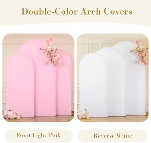 White and Pink Arch Cover 3 Set-7.2FT, 6.6FT, 6FT Arch Backdrop Cover Spandex Fitted 2-Color Fabric Stand Covers for Baby Shower Gilrs Birthday Party Ceremony Banquet Photo Background Decorations - Image 5