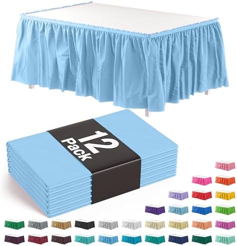 Exquisite Light Blue Table Skirt 12 Pack - Disposable Plastic Table Skirts for Rectangle Tables 6ft 8ft & Round Tables - 29in x 14ft Self-Adhesive Strip - Birthday Wedding Gender Reveal Decor by Exquisite