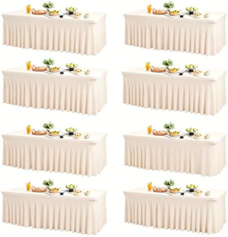 Wish Care 8 Pack Ivory Spandex Table Clothes for 6 Foot Rectangle Tables, 6FT Wrinkle Free Fitted Tablecloths Ruffles Design Table Cloth for Party, Banquet, Wedding and Events by WishCare