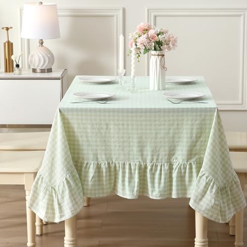 Pile Green White Gingham Ruffle Table Cloth Rectangular 120“x60” by KMASANIJI
