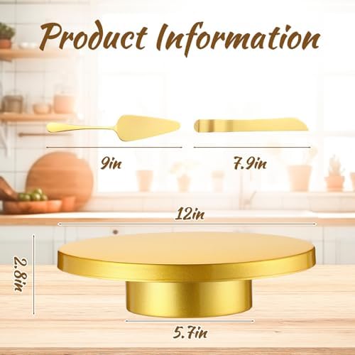 Wenqik 12 Inch Metal Gold Cake Stand with Cake Knife and Spatula, Round Dessert Table Display Stand Metal Dessert Tray Serving Platter for Party, Wedding, Birthday, Baby Shower, Anniversary - Image 2