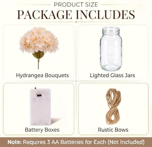 4 Sets Mason Jar Centerpiece with LED Lights and Champagne Hydrangea Fake Flowers Vase for Wedding Bridal Shower Party Coffee Table Decor - Image 2