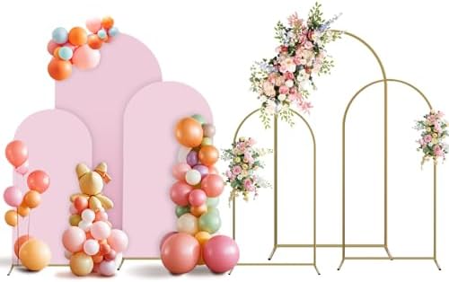 Arch Backdrop Stand and Cover Set, 3 Metal Balloon Arch Backdrop 4ft 5ft 6ft, Gold Arched Stand Frame for Wedding, Parties,Birthday, Event Decorations (Pale Pink,4ft+5ft+6ft) by Holldoor