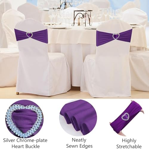 Purple Chair Sashes 50 Pack Spandex Purple Sashes for Chairs Covers Universal Stretch Chair Sashes Band with Heart Buckle Slider Sashes Bows for Wedding Banquet Party Decorations - Image 4
