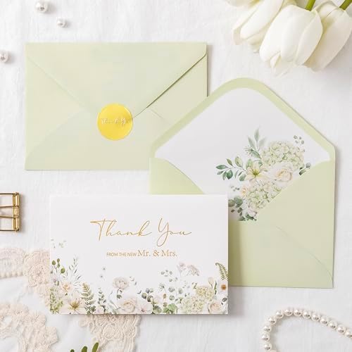 Crisky Green Floral Wedding Thank You Cards with Envelopes & Stickers From Mr & Mrs, 100 Pack Gold Foil Eucalyptus Leaves Thank You Greeting Note Cards Bulk for Bridal Shower - Image 6