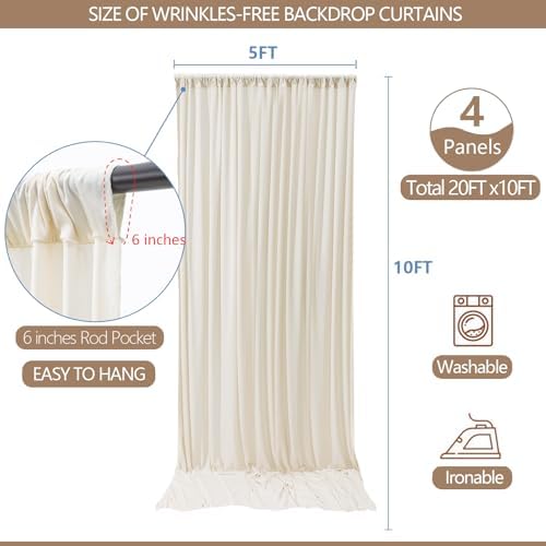 20x10ft Wrinkle Free Ivory Backdrop Curtain for Parties Soft Fabric Drapes Wedding Ivory Curtain Backdrop for Birthday Party Decorations Background for Photography 5x10ft,4 Panels - Image 3