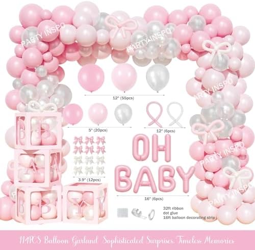 Party Inspo Pink Bow Baby Shower Decorations - 132 PCs Coquette Baby Shower Supplies with Balloon Garland, Backdrop, Cake Topper, Tablecloth, Boxes, Badge, Sash for Girls Pink Themed Party - Image 3