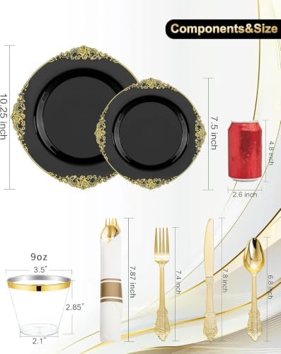 Nervure 175Pcs Black Plastic Plates, Disposable Party Plates for 25 Guests - Image 3