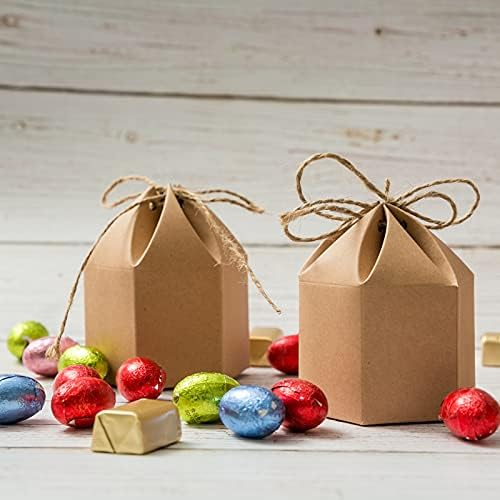 50Pack Mini Paper Gift Boxes Lantern Hexagon Kraft Paper Package Box with Twine Candy Chocolate Gift Packing Wrap for Wedding Party Christmas Brown (Pack of 2) - Image 6