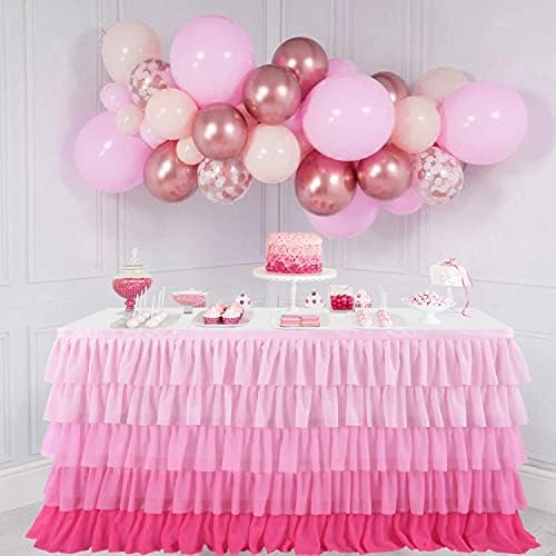 Pink Table Skirt Tutu Tulle Gradient Pink Tablecloth for Round or Rectangle Table Baby Shower Birthday Unicorn Party Home Decor 9ft - Image 3
