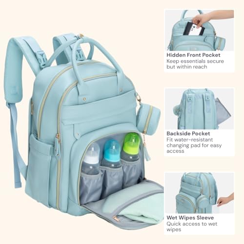 BabbleRoo Leather Diaper Bag Backpack - Baby Essentials Travel Baby Bag, Multi function, Water Resistant, with Changing Pad, Stroller Straps & Pacifier Case – Unisex, Powder Blue - Image 6