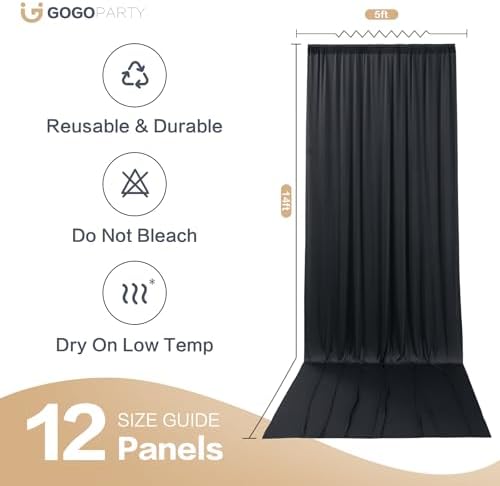 60x14ft Black Backdrop Curtains for Wedding Party, 12 Panels 14 ft Long Back Drop Cloth, Wrinkle-Free Polyester Drapes for Birthday, Baby Shower, Stage Photography Background - Image 6