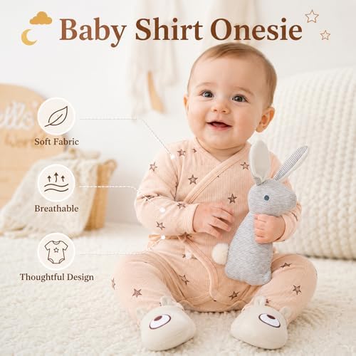 Golray Baby Gift Set for Newborn Boys & Girls, 8 Piece Basket with Cotton Wrap Footed Onesie, Muslin Swaddle Blanket, Bib, Hat, Baby Shoes, Plush Bunny, Milestone Card & Gift Box - Image 5