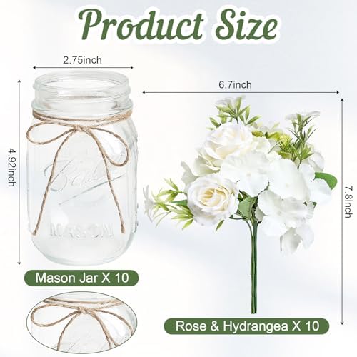 10 Sets Mason Jars Flower Table Centerpiece with White Rose - Ivory - Image 2