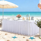 Wish Care White Tulle Tablecloth for 8 Foot Rectangle Tables Stretch Ruffle Table Cloths Tutu Desk Skirt 8ft Wrinkle Free Spandex Fitted Table Cover for Birthday Wedding Party Banquet Decorations - Image 3