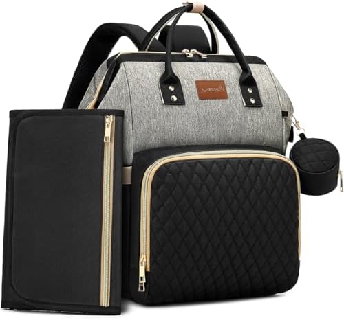 ROSEGIN Diaper Bag Backpack with Changing Pad, Pacifier Case, Baby Bag for Boy Girl Toddler - Large, Stylish, Waterproof Travel Quilted Diaper Bag for Mom - Baby Shower - Black Grey by ROSEGIN