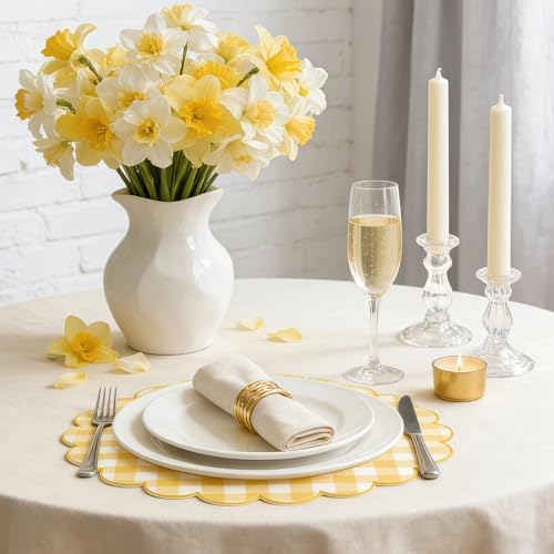 100Pcs Checkered Paper Placemats Yellow Gingham Place Mats 13.5 Inch Disposable Round Decorative Dining Table Mat with Scalloped Edge Paper Cutouts Decor for Wedding Baby Shower Table Party Supplies - Image 5