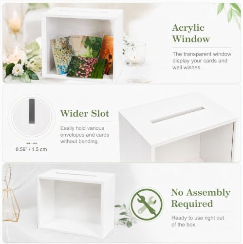 Noamus White Wedding Card Box with Slot, 11" Wooden Large Envelope Box, Money Gift Storage Holder for Wedding Reception, Graduation Party, Birthday Favor, Baby Shower, Souvenirs Donations, DIY Decor - Image 3