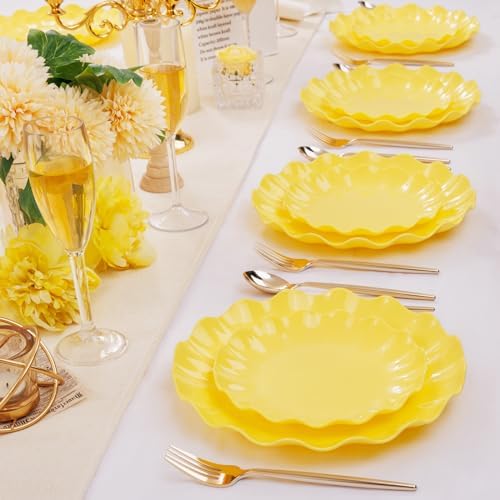 LIYH 24Pcs Yellow Plastic Plates Reusable, Dinner And Salad Set For Parties - Image 6